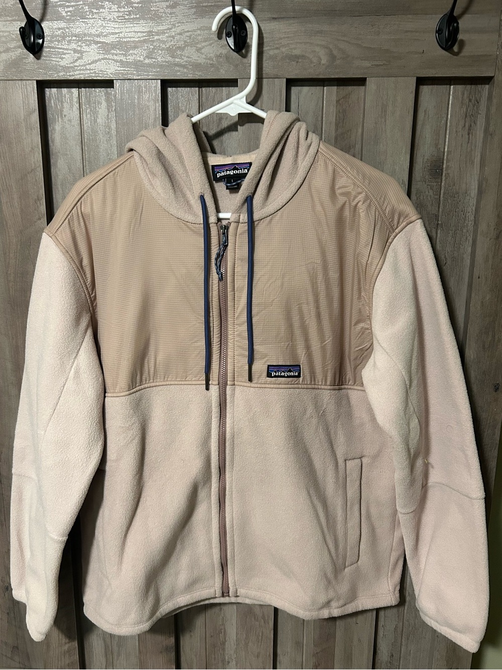 Patagonia Beige/ Baby Pink Fleece Hoodie with Blue Drawcords